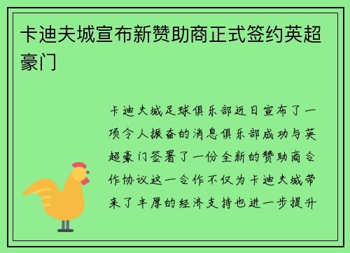 卡迪夫城宣布新赞助商正式签约英超豪门