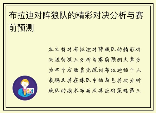 布拉迪对阵狼队的精彩对决分析与赛前预测