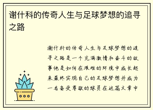 谢什科的传奇人生与足球梦想的追寻之路
