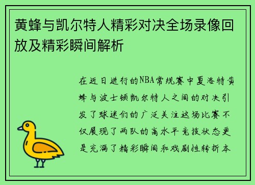 黄蜂与凯尔特人精彩对决全场录像回放及精彩瞬间解析
