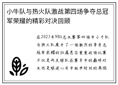小牛队与热火队激战第四场争夺总冠军荣耀的精彩对决回顾