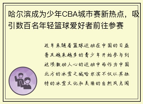 哈尔滨成为少年CBA城市赛新热点，吸引数百名年轻篮球爱好者前往参赛
