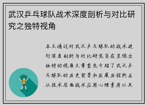 武汉乒乓球队战术深度剖析与对比研究之独特视角