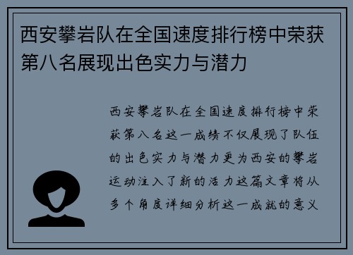 西安攀岩队在全国速度排行榜中荣获第八名展现出色实力与潜力